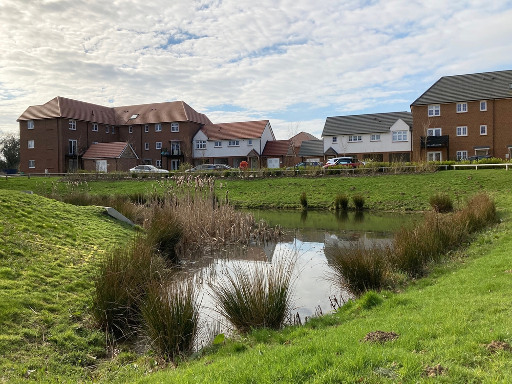 Wokingham, UK - Mar 10, 2022 Sustainable Urban Drainage (SUD) – A detention pond in a newly developed neighborhood designed to mitigate stormwater flood risks
