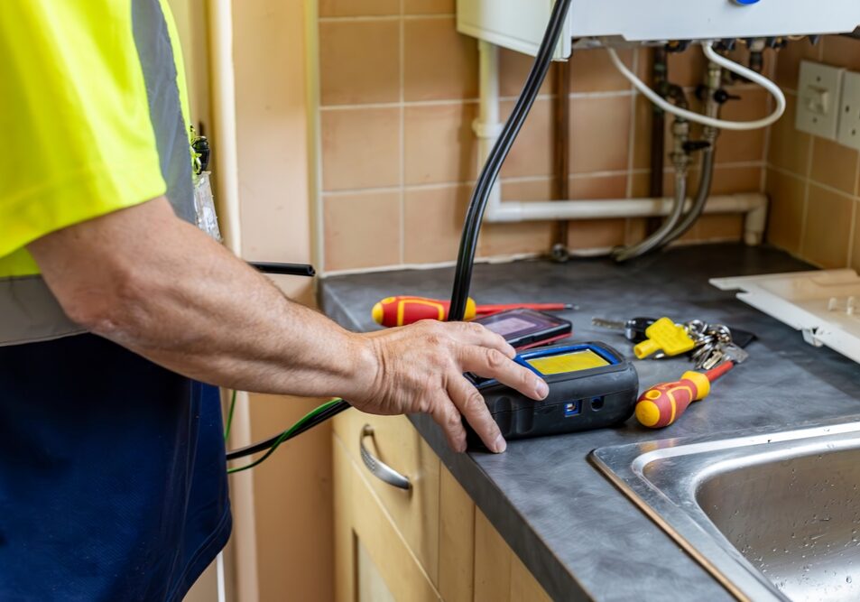 Gas service engineer operating digital flue gas analyser that is connected to domestic by black pipe