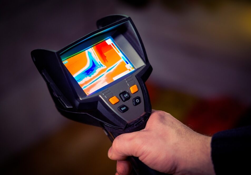 Professional thermal imaging camera in a man's hand.
