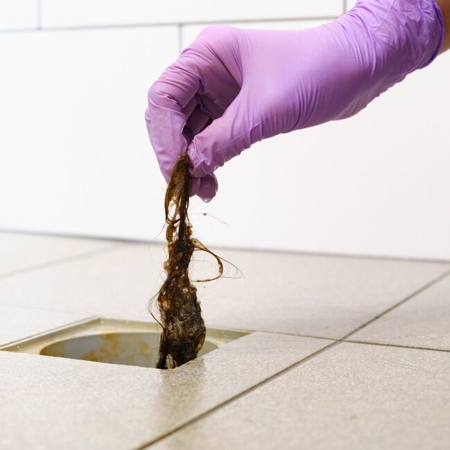 gloved hand pulling hair from drain