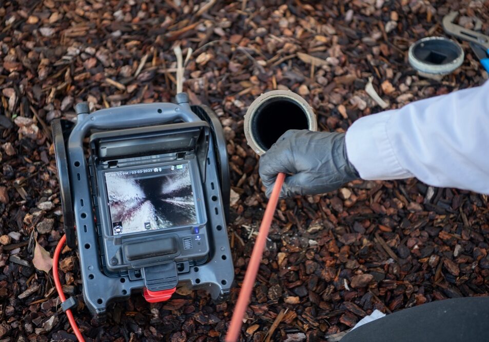 A professional technician in a clean uniform using a modern digital camera monitor to inspect an underground pipe system, with a neatly manicured green lawn in the background.