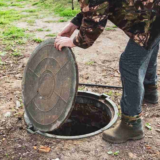 A,Man,Opened,The,Septic,Tank,Hatch,To,Check,The