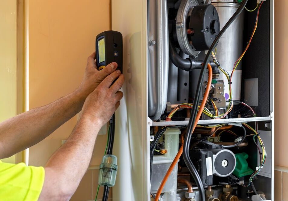 technician inspecting gas furnace